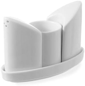 HENDI Salière Poivrière Porte cure-dents en Porcelaine Blanche, set comprenant 1 salière, 1 poivrière, 1 porte cure-dents et plateau, convient au micro-ondes et au lave-vaisselle, 125x54x(h)90 mm