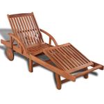 vidaXL Sun Lounger - Attractive Slatted Design in Solid Acacia Wood with Light Oil Finish, Adjustable Backrest and Footboard, Built-in Table, Wheels for Mobility, Ideal for Gardens, Patios and Pools.