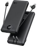 VRURC Portable Charger with Built-in Cables and AC Wall Plug, 10000mAh Power Bank USB C Phone Charger 5 Output 2 Input LED Display Ultra Slim External Battery Pack Compatible with Smart Devices-Black