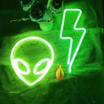 Alien Lightning Bolt Neon Signs for Kids Boy Bedroom Game Room Wall Decor,Hanging Anime Neon Light Wall Art Alien Lightning Lamp for Man Cave Stuff,Birthday Party(Green Alien+ Green Lightning)