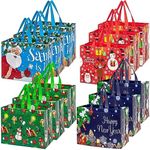 12 Pack Reusable Christmas Bags with Handle, Christmas Treat Bags, Bulk Non-Woven Bags for Gifts Wrapping Shopping, Xmas Party Supplies, 12.6"×9.8"×6.7"