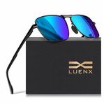 LUENX Rectangular Aviator Polarized Sunglasses for Men Women 59mm Mirrored Dark Blue Lens Square Metal Black Frame Spring Hinge