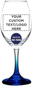 DISCOUNT PROMOS Custom Rioja Wine Glasses with Stem 10 oz. Set of 10/50/100, Personalized Bulk Pack - Color Bottom, Perfect for Wedding, Party Favors, Birthday, Bridal Shower Gifts - Blue