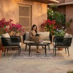LOCCUS Outdoor Rope 4-Seater Sofa Set with Glass Top Table & Water-Repellent Cushions, Durable Metal Frame, Handwoven Rope Furniture Perfect for Garden, Patio, Pool Deck & Balcony (Black & Beige)