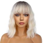 LANCAINI Short Bob Wigs with Bangs for Women Loose Wavy Wig Curly Wavy Shoulder Length Bob Synthetic Cosplay Wig for Girl Colorful Costume Wigs (LightBlondeOmbre)