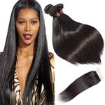 BLACKMOON HAIR Brazilian Virgin Straight Hair 3 Bundles With Free Part Lace Closure Unprocessed Virgin Human Hair Extensions Hair Weave Natural Black Color (14 16 18+12 Inch Closure)