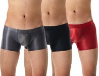 Panegy Men’s Silky Glossy Stretchy Boxers Low Rise Sexy Translucent Underwear, Grey+black+red, L