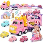 CUTE STONE Pink Truck Toys for Girl, 31.5 IN extra Long Track Slide, 3 Layer Foldable Transport Carrier Vehicle W/ Light & Sound, Lovely Doll,4 Pull-back Cars, 1 Motorcycle, 2 Pet Dogs, Princess Gifts