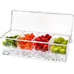 Jucoan Large Ice Chilled Condiment Server with Lid and 4 Removable Compartment, Clear Plastic Condiment Server Caddy Tray Container on Ice with Lid