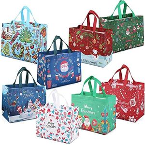 MOTYYA 8 PCS Christmas Tote Bags with Handles, Christmas Treat Gift Bags, Multifunctional Non-Woven Christmas Bags for Gifts Wrapping Shopping, Xmas Party Supplies, 32.5x25x17cm