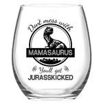 Joymaking Mothers Day Gifts, Don't Mess with Mamasaurus Stemless Wine Glass, Funny Birthday Christmas Gifts for Mum from Son Daughter, Best Mum New Mum Gifts for Women, 15 Oz