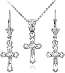 Religious Jewelry Heart Cross Pendant Necklace and Earring Set in 925 Sterling Silver, 22"