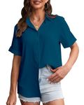 SPRING SEAON Women's Button Down Shirt Short Sleeve Collared Tops Work Office Chiffon Blouse Peacock Blue