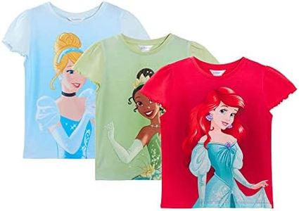 Disney Paquete de 3 Camisetas de Princesas niñas, Camisetas de Manga Corta con diseño de Ariel, la Sirenita, Tiana y Cenicienta