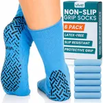 Vive Blue Non Slip Socks (6 Pairs) - Anti Skid Sock with Silicone Grip for Barre, Yoga, Pilates and Home - Soft Fuzzy Slipper Ankle High Sock - Padded Hospital Gripper Sock for Men, Women and Elderly