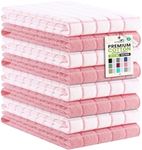 Kitinjoy Premium Kitchen Towels (16"x 28", 8 Pack), Large 100% Cotton Terry 390 GSM Kitchen Hand Towels, Ultra Absorbent Check Design Tea Towels Set with Hanging Loop, Pink
