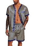 Ekouaer Pajama Sets for Men Satin Silk Pajamas Shorts Button Down Sleepwear with Elastic Waistband Navy Clover X-Large