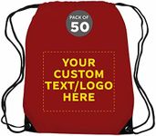 DISCOUNT PROMOS Custom Drawstring Backpack with Black Trim Set of 50, Personalized Bulk Pack - Water Resistant, Perfect for Gym, Camping, Beach, Outdoor Sports - Red