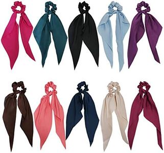 GETACOTA 10 Pieces Hair Scrunchies Bowknot Satin Chiffon Long Tail Elastics Ribbon Ear Bow Pattern Colors Scrunchy Scarf Scrunchie Vintage Ponytail Holder Ties Bands Accessories for Women(satin10p)