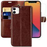 MONASAY Vegan Leather Fit for iPhone 11 Wallet Case, 6.1-inch, [Glass Screen Protector Included] [RFID Blocking] Flip Folio Phone Cover with Credit Card Holder,Brown