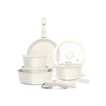House of Quirk 15-Piece Maifan Stone Nonstick Cookware Set with Detachable Handle | Stackable Pots & Pans Set | Induction & Oven Safe | Space Saving Kitchen Set | Granite Beige