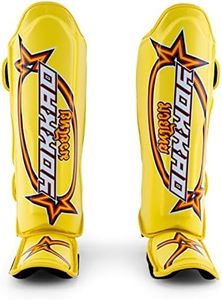 YOKKAO Muay Thai Vertical Shin Guards with Foot and Knee Protection – Lightweight Shin Guards for Kickboxing, MMA, and All Sports – Stand up Shin guards with Straps - Medium, Yellow