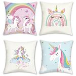 Bonhause Unicorn Cushion Covers 45 x 45 cm Rainbow Blue Pink Decorative Throw Pillow Covers Soft Velvet Pillowcases for Girls Room Decor Set of 4