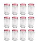 Britten & James 370ml Glass Jam Jar with Red Gingham Twist Top Lid - Pack of 12. Perfect for Home Made Jam, Pickles and Chutney
