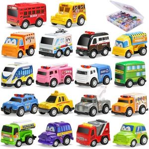 18 Pack Assorted Pull Back Car Toys for Kid with Storage Organizer Box, Mini Model Vehicle Set with Display Case for Child Toddler, Small Play Truck Bulk for Boy and Girl Party Favors, Birthday Gift