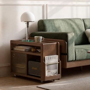 Wayshome Solid Wood Side Table with Wheels, Narrow Side Table with Storage, Rolling Bedside Table for Bedroom Living Room Dining Room(Walnut, 27.95" D x 11.42" W x 19.88" H)