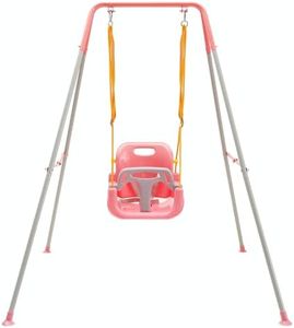 FUNLIO 3-in-1 Swing Set for Toddler with 4 Sandbags, Heavy-Duty Kid Swing Set with Safety Harness, for Backyard, Indoor/Outdoor Play, Folding Metal Stand & Clear Instruction, Easy to Assemble - Pink