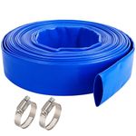 Geowaky 1-1/4" x 100 FT Pool Backwash Hose, Blue Heavy Duty Reinforced PVC Lay Flat Water Discharge Hose for Swimming Pool Filter Pump,with 2 Clamp