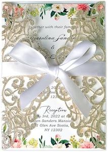 PONATIA 25PCS Laser Cut Bling Invitations Card With Ribbon For Wedding Bridal Shower Engagement Birthday Graduation Invitation Cards (Gold Glitter)