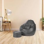 Wakefit 4XL Bean Bag, Bean Bag with Beans Filled, Bean Bag Sofa, Bean Bags, Bean Bag Chair, Bean Bag with Cushion and Footrest with Beans Filled, Original Leatherette Bean Bag with Beans (Grey)
