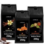 Caffeluxe Medium Roast Flavoured Ground Coffee Mixed Medley - Natural Vanilla, Natural Caramel & Natural Hazelnut (250g Per Bag) - Arabica Coffee Beans