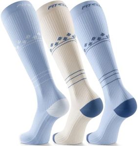 FITRELL 3 Pairs Compression Socks for Women and Men 20-30mmHg- Support Socks for Travel, Running, Nurse, Knee High, Diamond Clear Days, Light Blue+White S/M