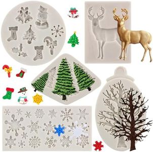 MYPRACS Christmas Silicone Molds Snowflake Molds Mini Xmas Fondant Chocolate Candy Molds Christmas Snowman Tree Snowflake Deer Baking Molds For Cake Decoration Topper Polymer Clay Gum Paste Set Of 5