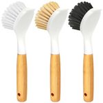 Holikme 3 Pack Dish Brush Set with Bamboo Handle, Kitchen Scrub Brush for Cleaning Dish, Pot, Sink and Stove, Skillet Scrubber with Tough Bristles for Cast Iron Grill Pan, Yellow White Black