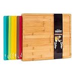 Winged Sirius 8 in 1 Extra Large Bamboo Wooden Chopping Boards Set with 7 Colour Coded PP Mats (Meat Bread Fish Cheese Dairy) Organic Antibacterial Odour Resistant Dishwasher Safe (42 X 34 X 3.5cm)