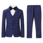 Boys Suits 3 Piece One Button Single Breasted Plaid Colour Suits Wedding Party Performance Blazer Vest Trousers, Blue, 14 Years