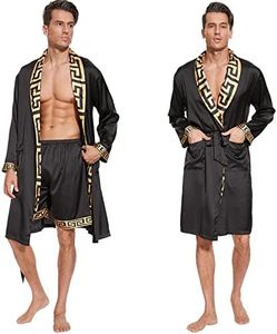 N&D Eyong Men's Luxurious Silk Bathrobes Long Sleeve Satin Kimono Robe with Shorts Sleepwear Set Printed Bathrobes, Black, X-Large