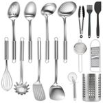 BEWOS Kitchen Utensils Set 15 Piece - Stainless Steel Cooking Utensils Set, Utensil Set with Spatula and Storage Bin, Non-Toxic, Dishwasher Safe & Heat Resistant