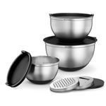 Stainless Steel Mixing Bowls with Lids - Nesting Bowls with Graters, Handle, Pour Spout, Airtight Lids - Non-Slip Mixing Bowl Set for Cooking, Baking, Prepping, Food Storage (Set Of 3)