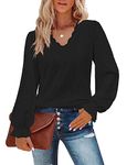 Flikity Plus Size Tops for Women, Women's Long Sleeve Tops Puff Ladies Blouses V Neck T Shirts for Women UK Fashion Spring Summer Fall Tops Winter Tunic Clothes Black XL