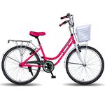 Vaux Pearl Lady 24T Women Bicycle for an Age Group of 10+ Years with Heavyduty Carrier and Basket, Light Weight Ladies Cycle with Alloy Rims,Powerful V-Brakes and Ralson Tyres(White-Pink)