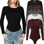 Chongbaijia 5 Pack Long Sleeve Bodysuit for Women Crew Neck Casual Stretchy Basic T Shirt Body Suits Tops