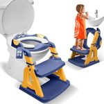 BAMBINAO 2-in-1 Potty Training Seat: Toddler Potty Training Toilet, Step Stool for Boys Girls! Potty Training Seat with Splash Guard, Anti Slip Pad & 5 Levels Height Adjustments! (Blue & Yellow)