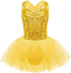 TiaoBug Girls Spaghetti Sequined Ballet Dance Dress Leotard Tutu Skirt Pink Turquoise White G1256#Gold 6-8