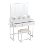 VASAGLE Vanity Set with Mirror and Stool, Makeup Vanity with Tri-Fold Mirror, 3 Drawers, White URVT004W14