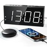 Loud Vibrating Alarm Clock for Heavy Sleepers, Digital Clock with Bed Shaker for Hearing Impaired & Deaf, Dual Alarms, 7.5’’ LED Display, 5 Brightness, 4 Volume,Phone Charger, Snooze, Battery Backup